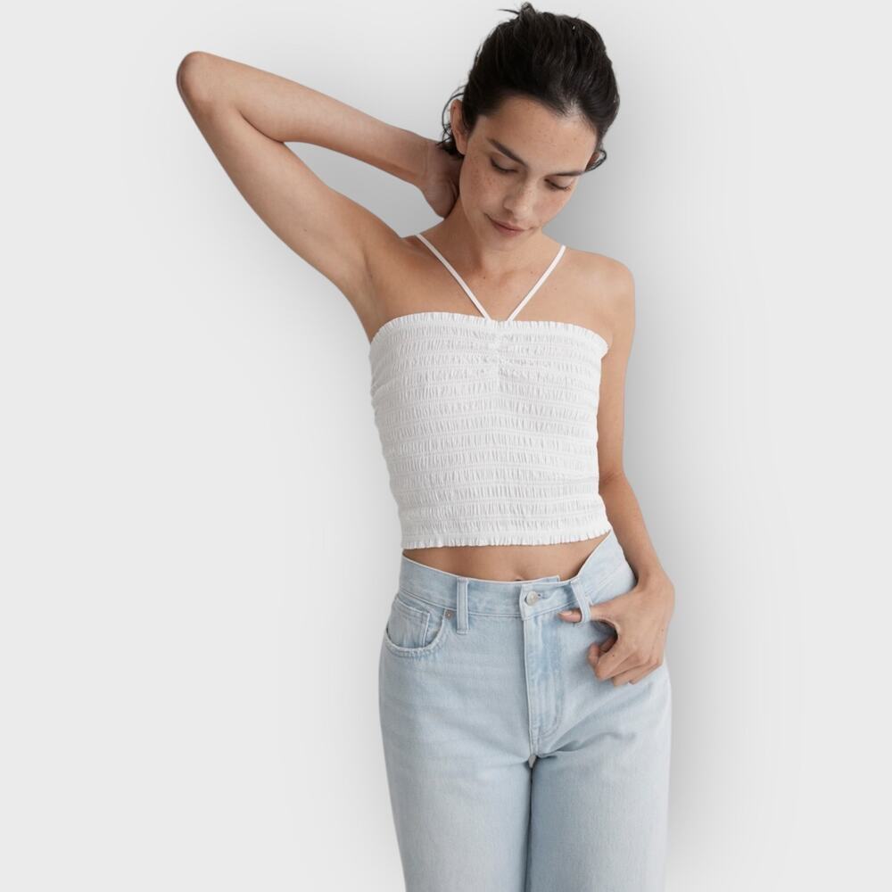 Madewell Poplin Smocked Halter Crop Top | XS | White Sweetheart Eyelet Summer
